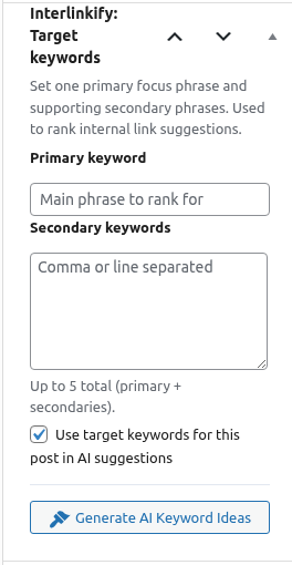 Interlinkify target keyword editor